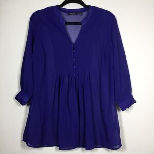 Purple blue sheer top western pleat front fabric buttons 3/4 length sleeve Sz S